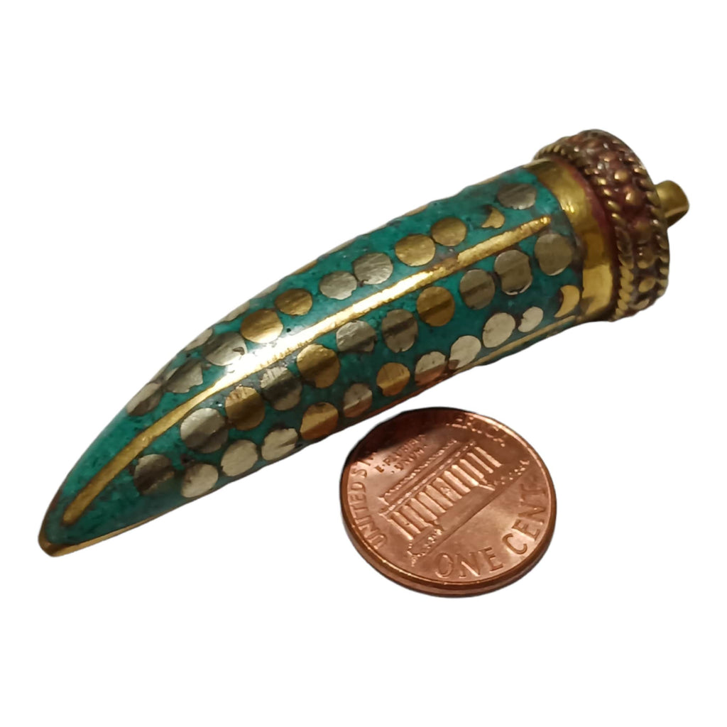 1 Pendant - Long turquoise inlaid Tibetan horn shape Brass pendant with dotted brass inlays from Nepal - PM255A