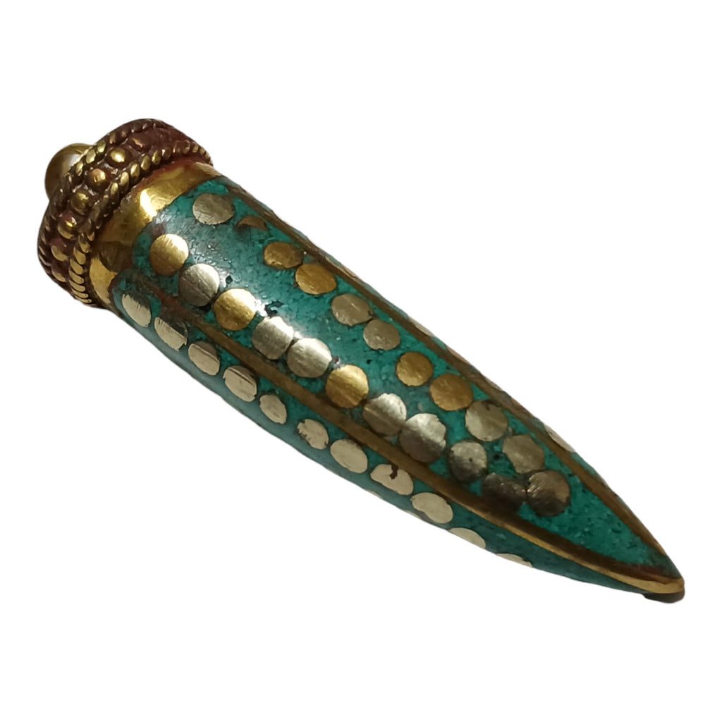 1 Pendant - Long turquoise inlaid Tibetan horn shape Brass pendant with dotted brass inlays from Nepal - PM255A