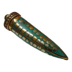 1 Pendant - Long turquoise inlaid Tibetan horn shape Brass pendant with dotted brass inlays from Nepal - PM255A