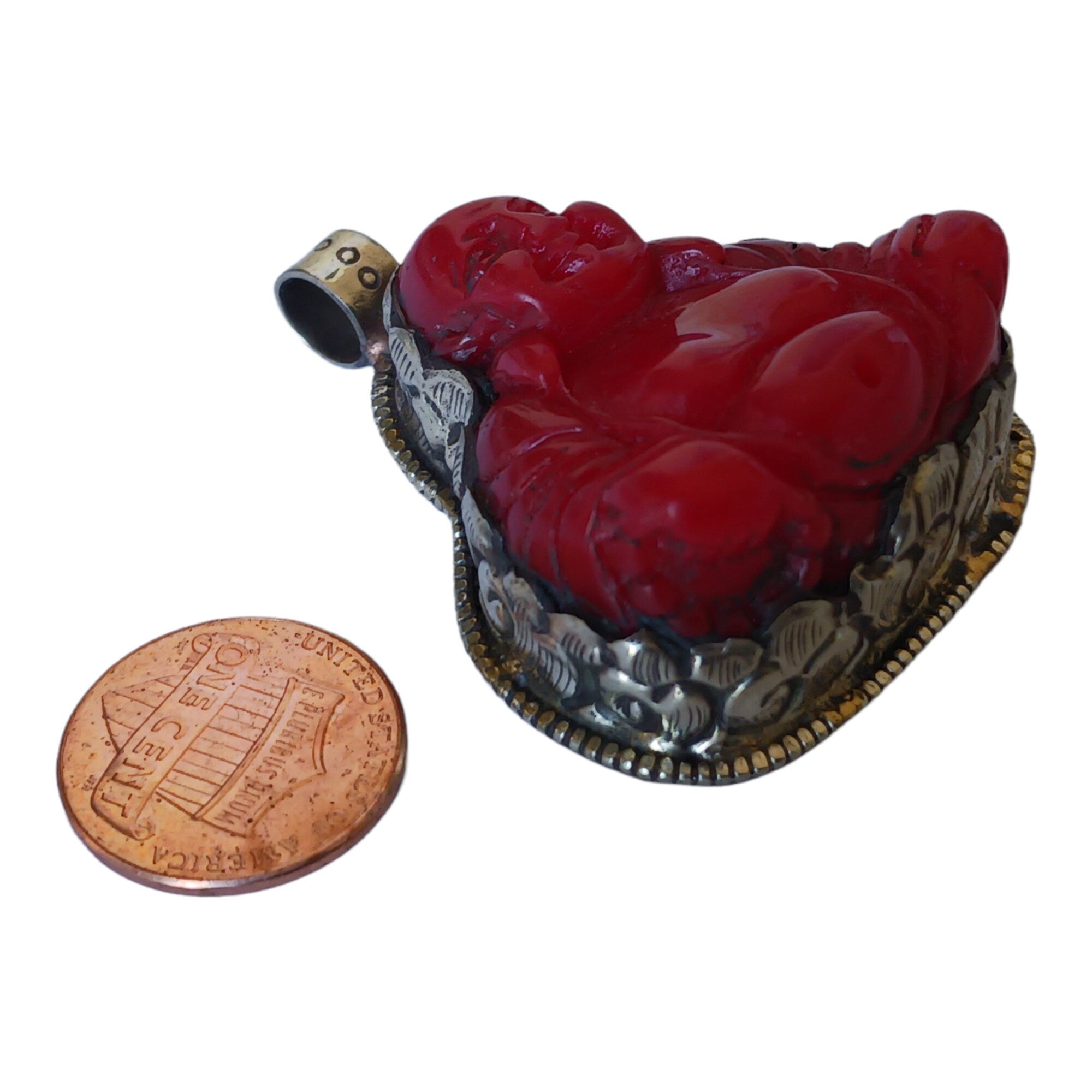 Tibetan Laughing buddha Pendant antiqued silver finish filigree floral work resin pendant handmade Nepal PM124L