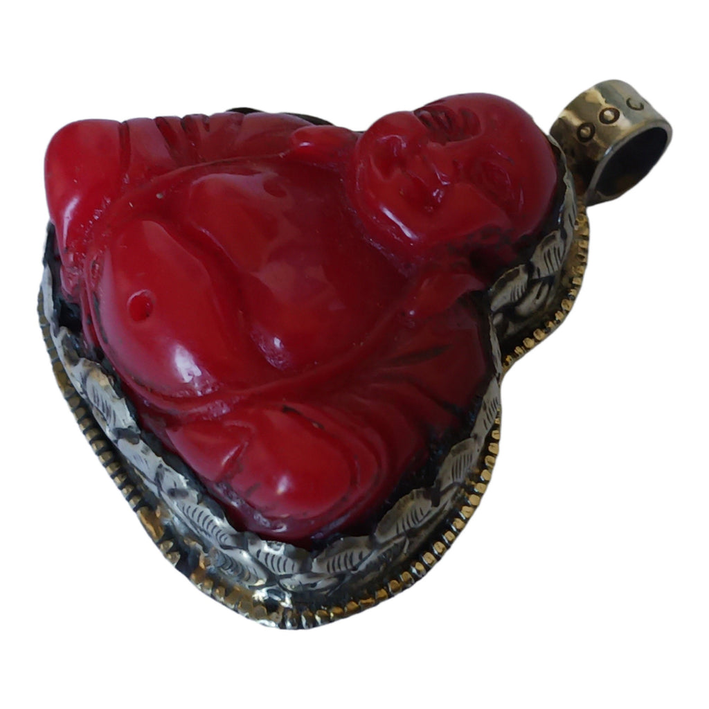 Tibetan Laughing buddha Pendant antiqued silver finish filigree floral work resin pendant handmade Nepal PM124L