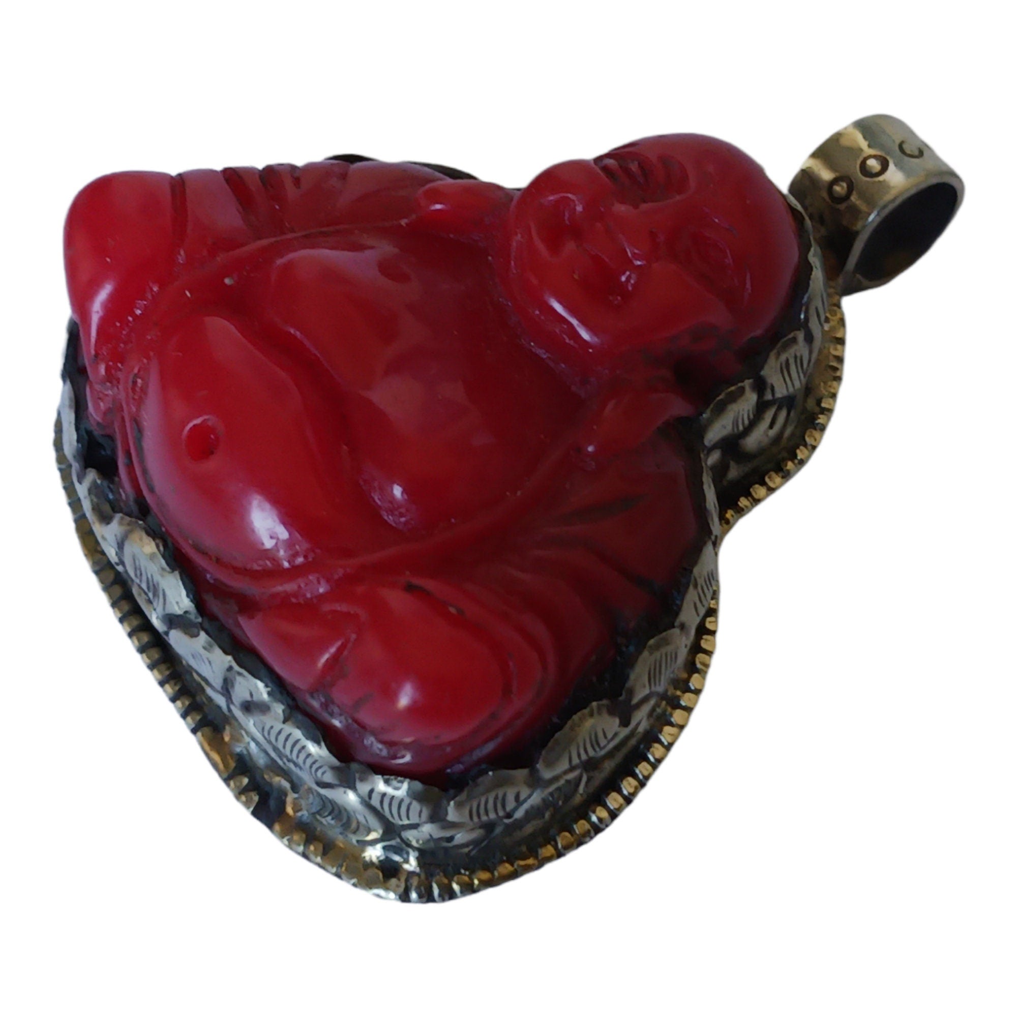 Tibetan Laughing buddha Pendant antiqued silver finish filigree floral work resin pendant handmade Nepal PM124L