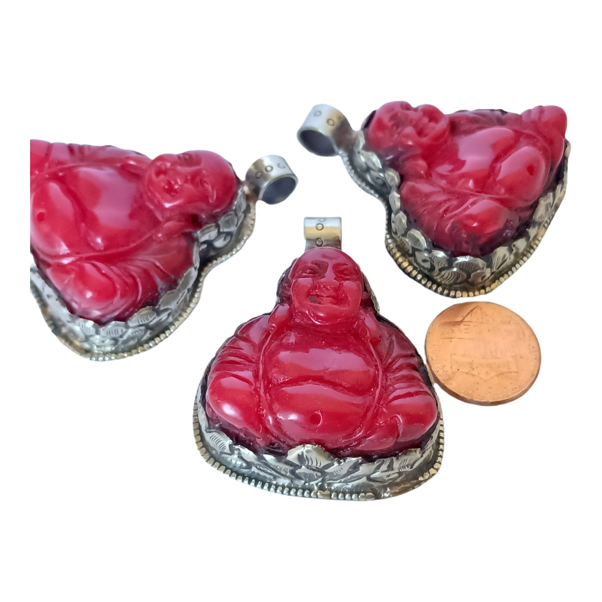 Tibetan Laughing buddha Pendant antiqued silver finish filigree floral work resin pendant handmade Nepal PM124L