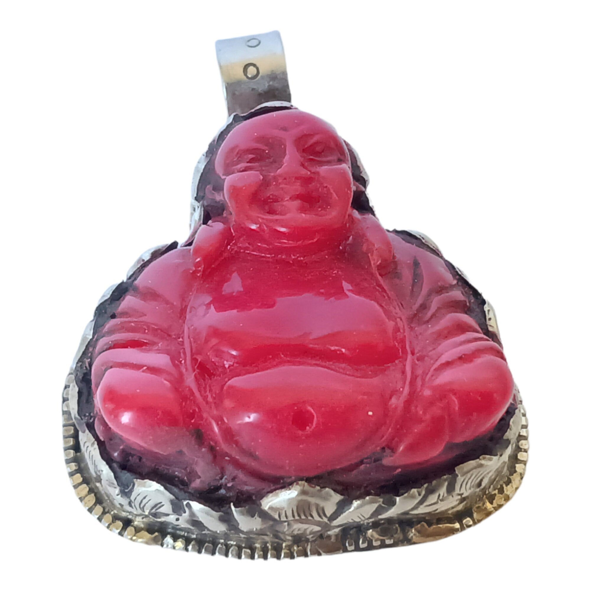 Tibetan Laughing buddha Pendant antiqued silver finish filigree floral work resin pendant handmade Nepal PM124L