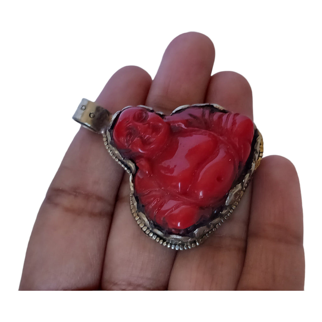 Tibetan Laughing buddha Pendant antiqued silver finish filigree floral work resin pendant handmade Nepal PM124L