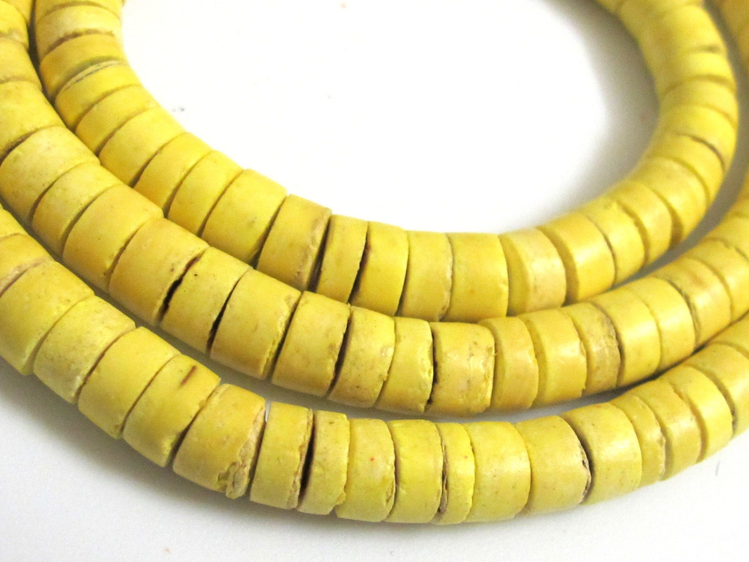 Yellow rondelle natural coconut beads long strand 22 inches - NB018