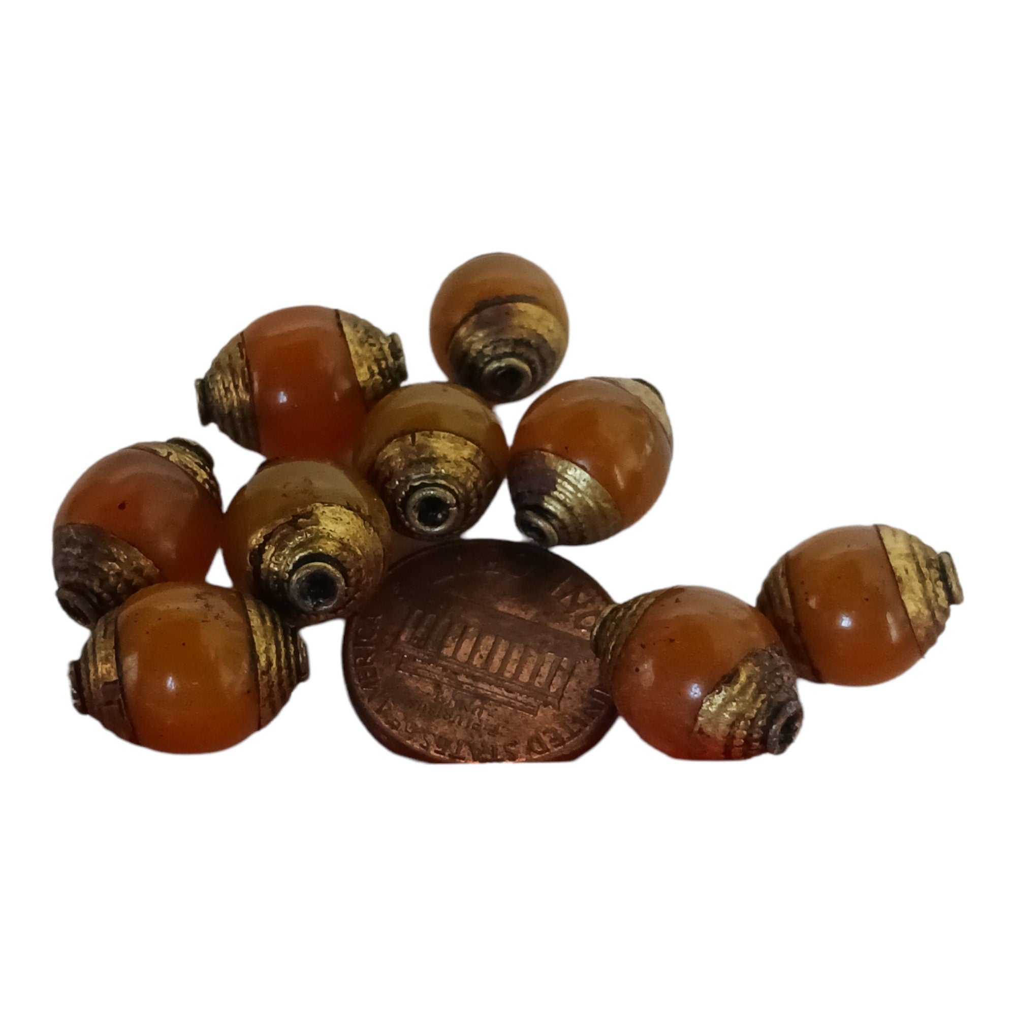 4 BEADS - Tibetan copal resin brass capped beads - BD474B