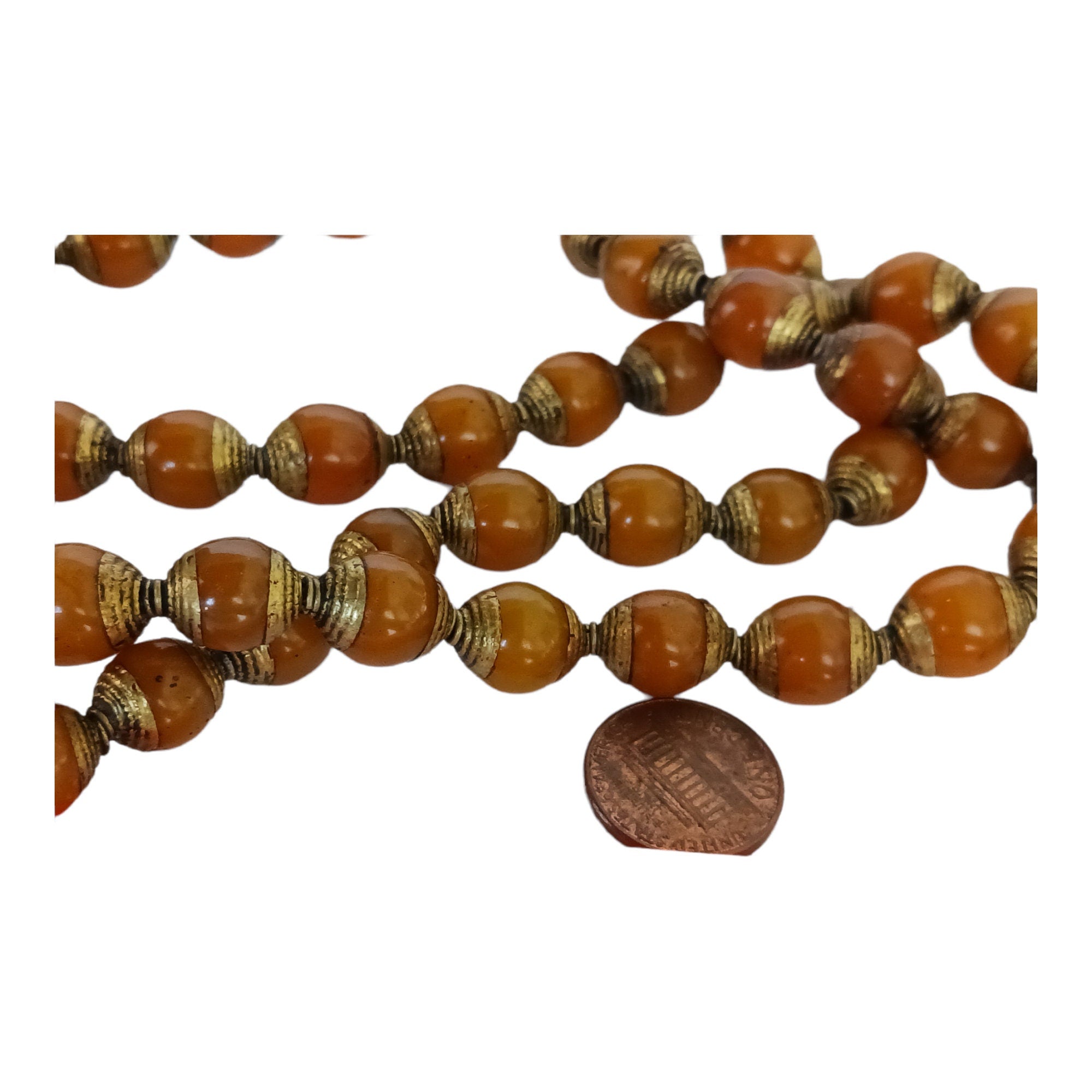 4 BEADS - Tibetan copal resin brass capped beads - BD474B