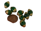 4 Beads - Tibetan Brass capped dyed green jade beads from Nepal 9 - 10 mm x 13- 14mm - BD473C