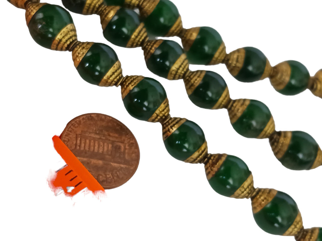 4 Beads - Tibetan Brass capped dyed green jade beads from Nepal 9 - 10 mm x 13- 14mm - BD473C