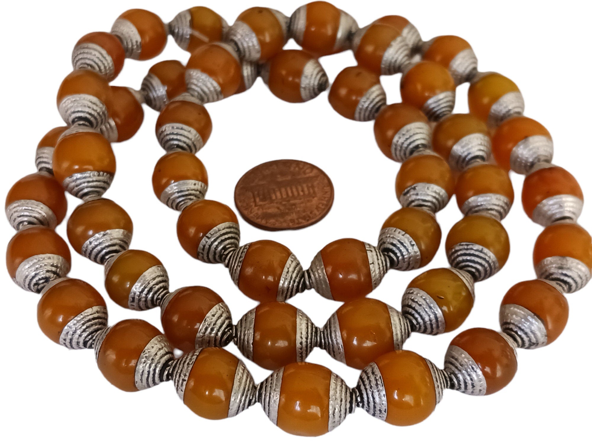 4 BEADS - Tibetan copal resin antiqued silver finish capped beads Nepal - BD715C