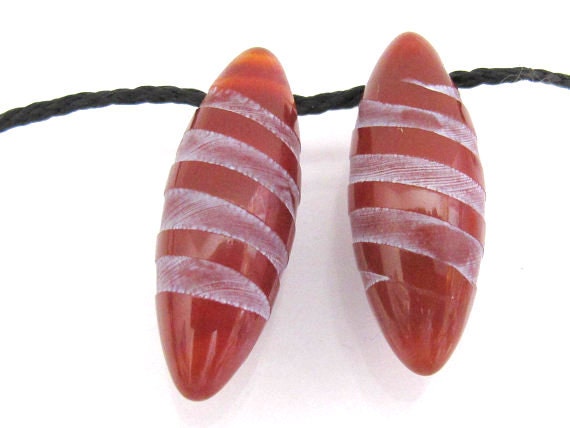 Marquise shape Spiral etched carnelian gemstone top hole drilled beads - 2 beads - BD163
