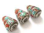 2 Beads - Nepal brass cone beads with turquoise coral inlay - BD238