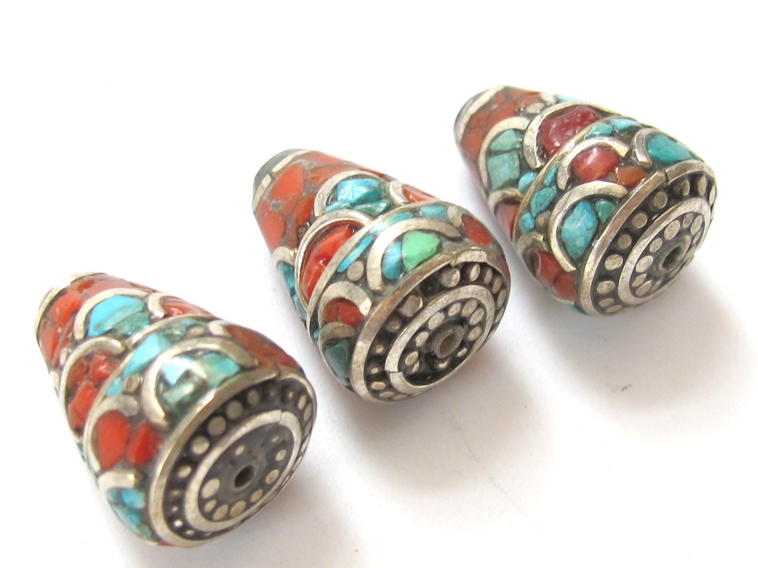 2 Beads - Nepal brass cone beads with turquoise coral inlay - BD238