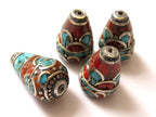 2 Beads - Nepal brass cone beads with turquoise coral inlay - BD238