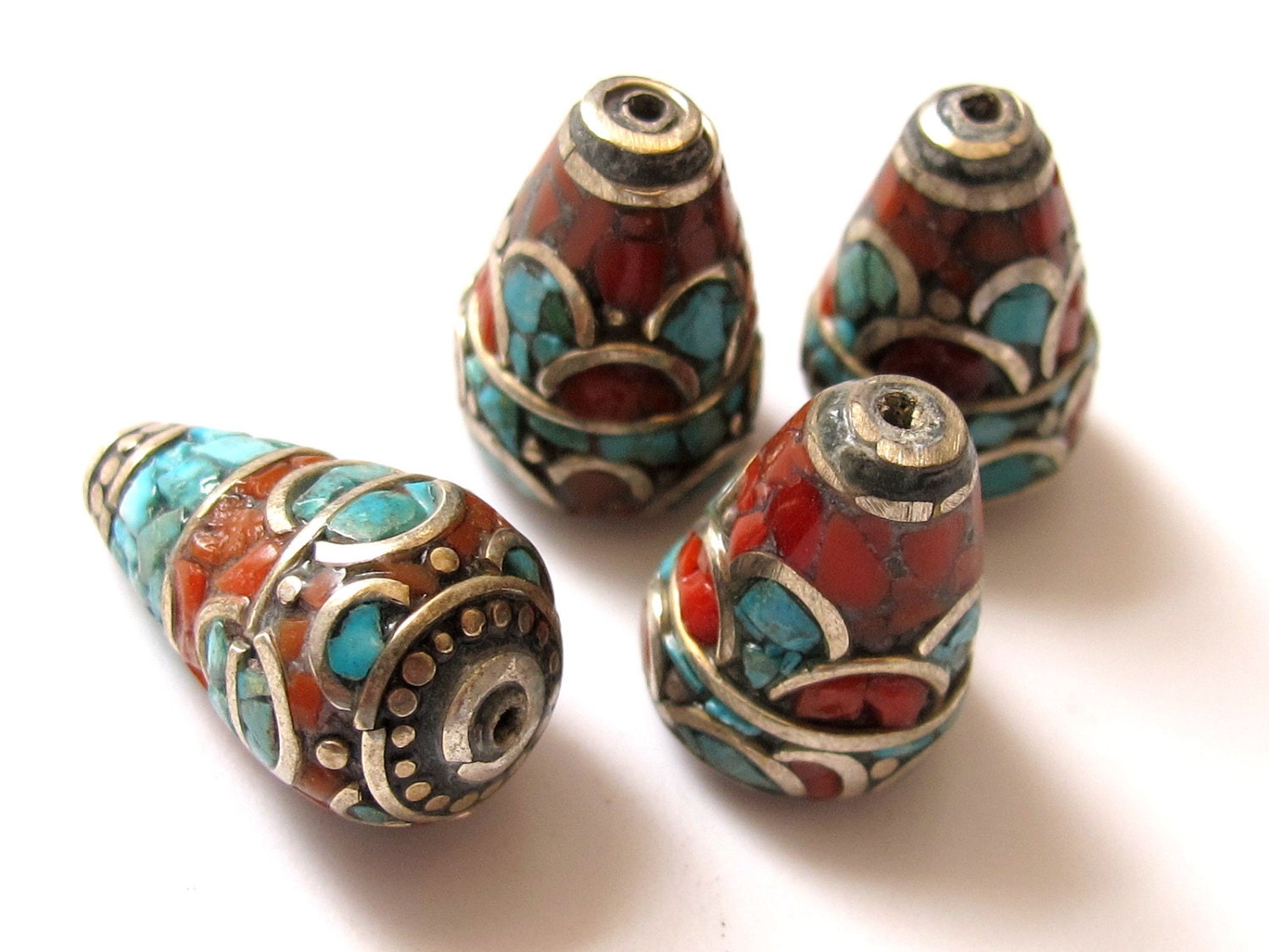 2 Beads - Nepal brass cone beads with turquoise coral inlay - BD238