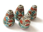 2 Beads - Nepal brass cone beads with turquoise coral inlay - BD238