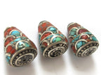 2 Beads - Nepal brass cone beads with turquoise coral inlay - BD238