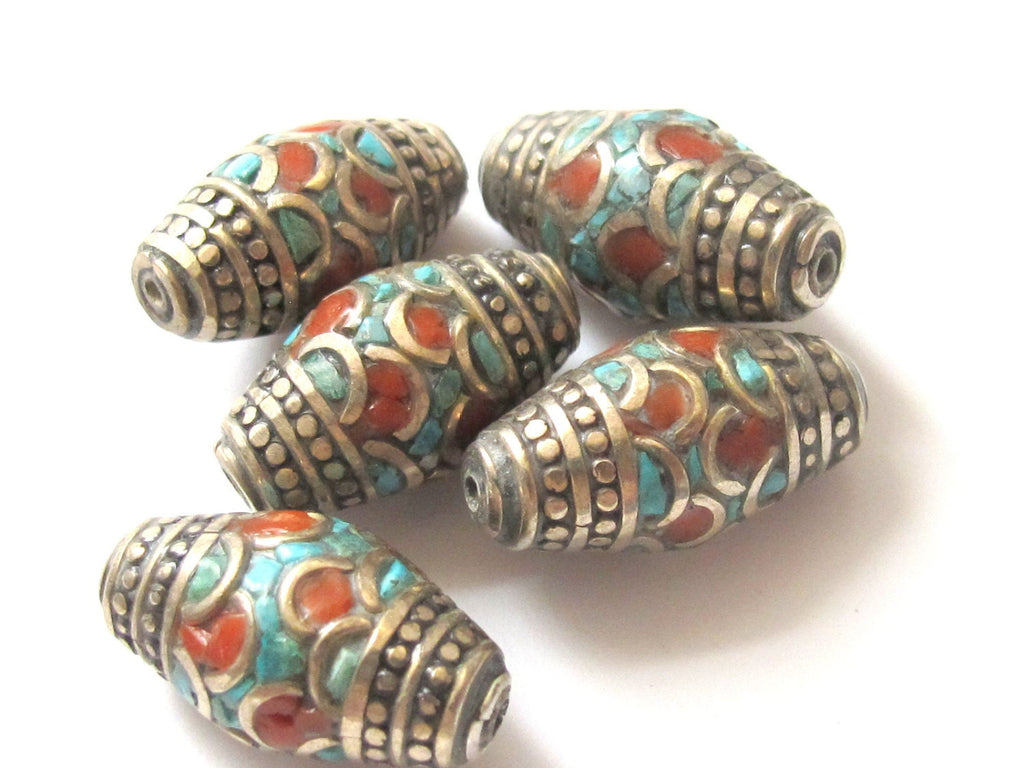 2 Beads -Tibetan beads - Nepal beads - nepalese beads - Gorgeous nepalese brass beads with turquoise inlay - BD237