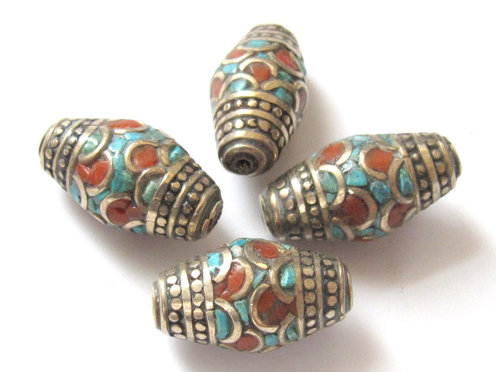 2 Beads -Tibetan beads - Nepal beads - nepalese beads - Gorgeous nepalese brass beads with turquoise inlay - BD237