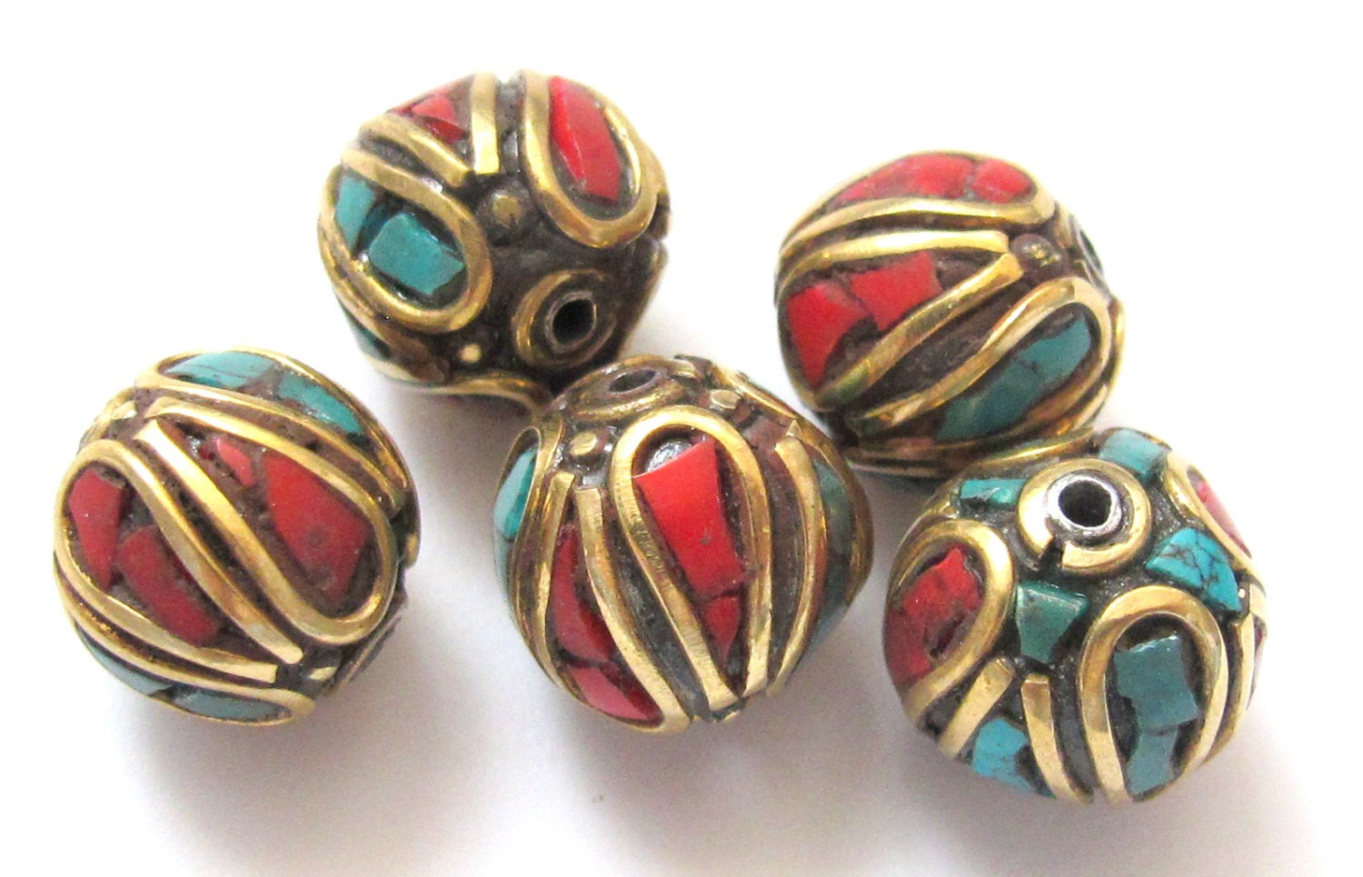 2 Beads - Nepal beads made of brass with turquoise and coral inlay -BD046