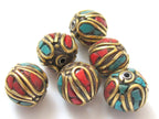 2 Beads - Nepal beads made of brass with turquoise and coral inlay -BD046