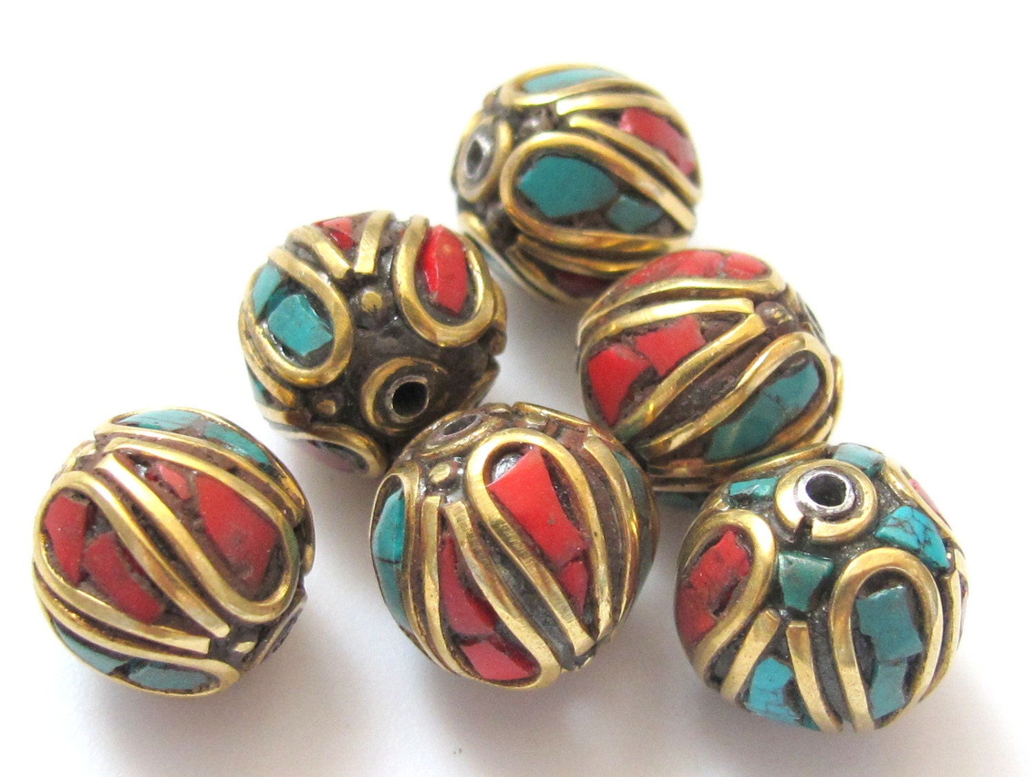 2 Beads - Nepal beads made of brass with turquoise and coral inlay -BD046