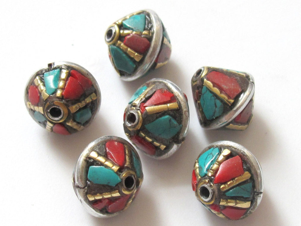 Nepalese brass bead with turquoise inlay - 2 beads - BD234