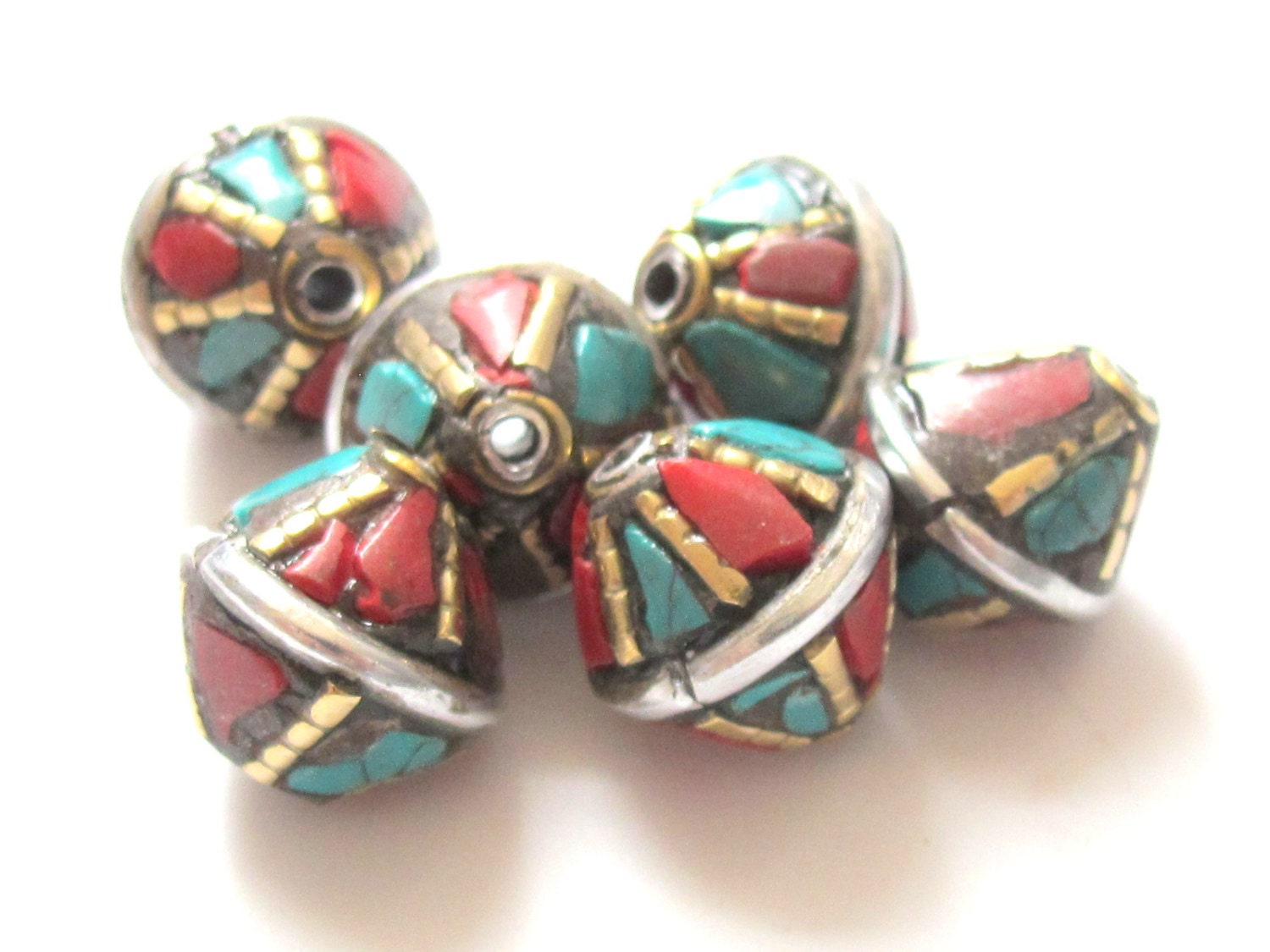Nepalese brass bead with turquoise inlay - 2 beads - BD234