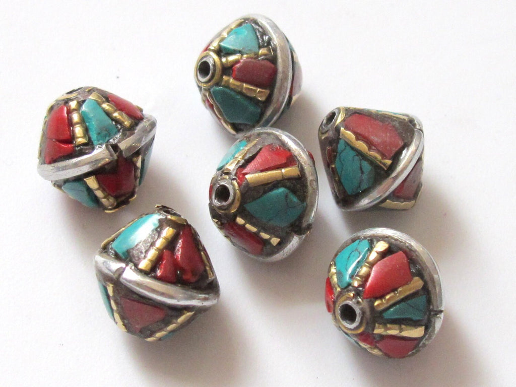 Nepalese brass bead with turquoise inlay - 2 beads - BD234