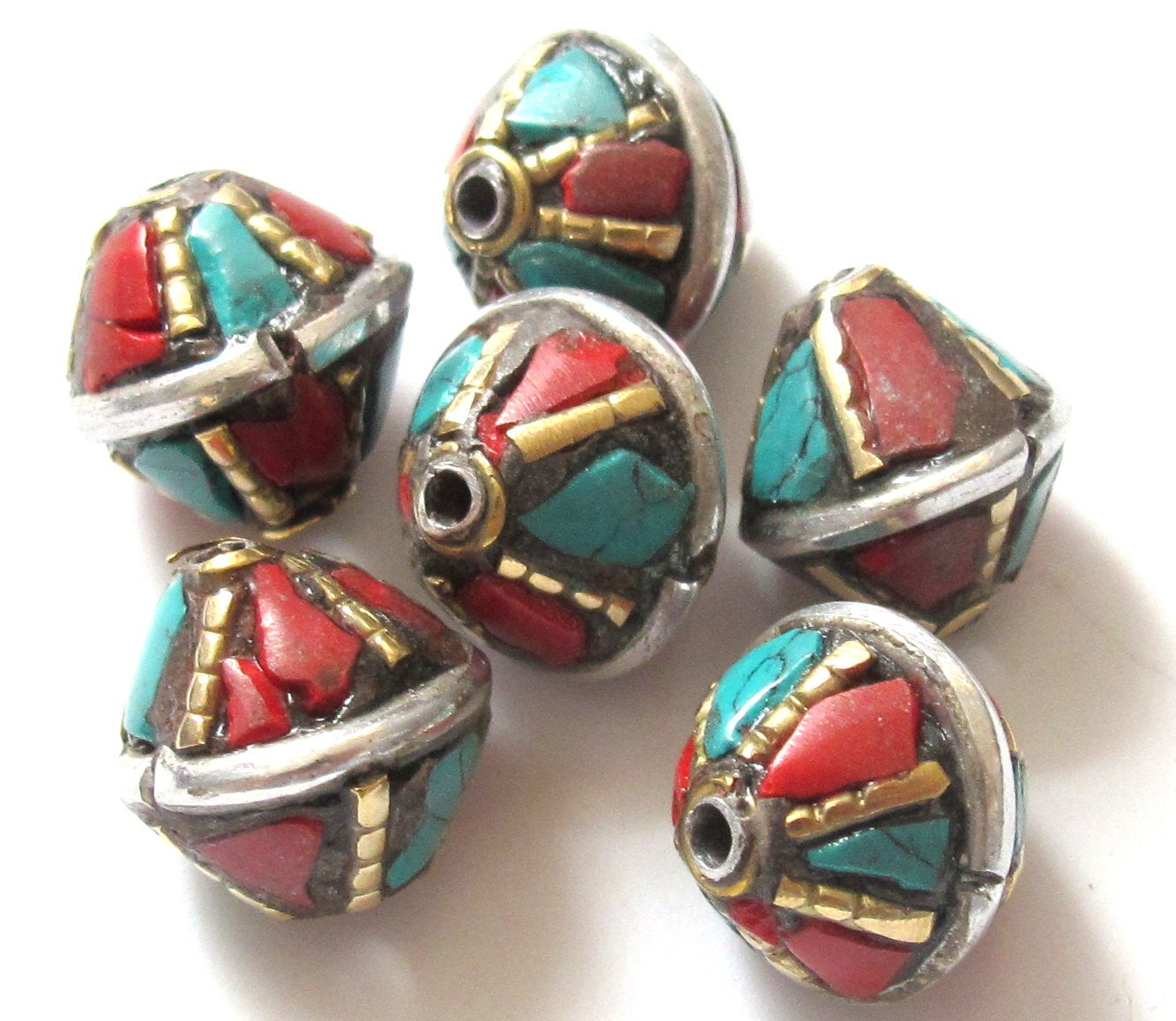 Nepalese brass bead with turquoise inlay - 2 beads - BD234