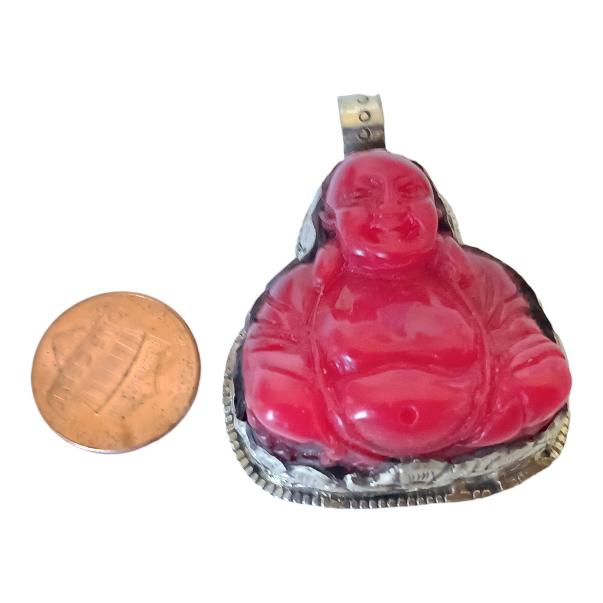 Tibetan Laughing buddha Pendant antiqued silver finish filigree floral work resin pendant handmade Nepal PM124L
