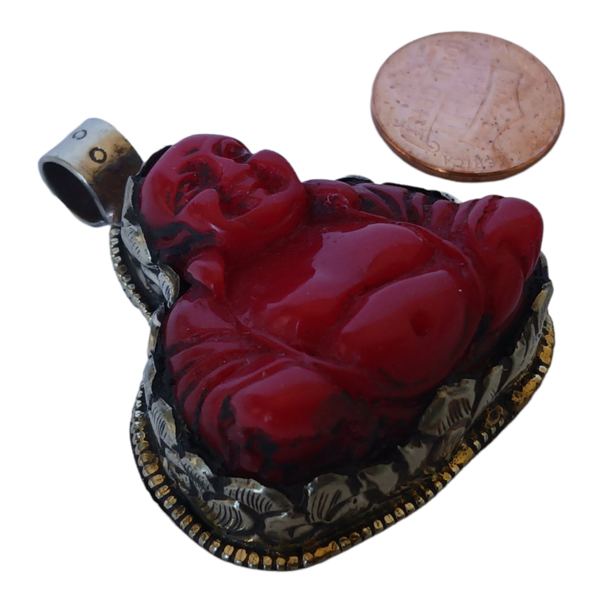 Tibetan Laughing buddha Pendant antiqued silver finish filigree floral work resin pendant handmade Nepal PM124L