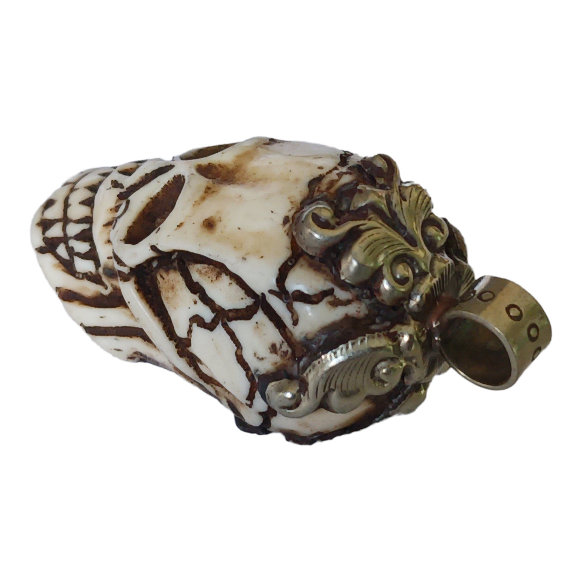 OOAK 1 Pendant - Gorgeous tribal skull skeleton head face recycled cattle bone pendant with floral carving on bail - PB006R