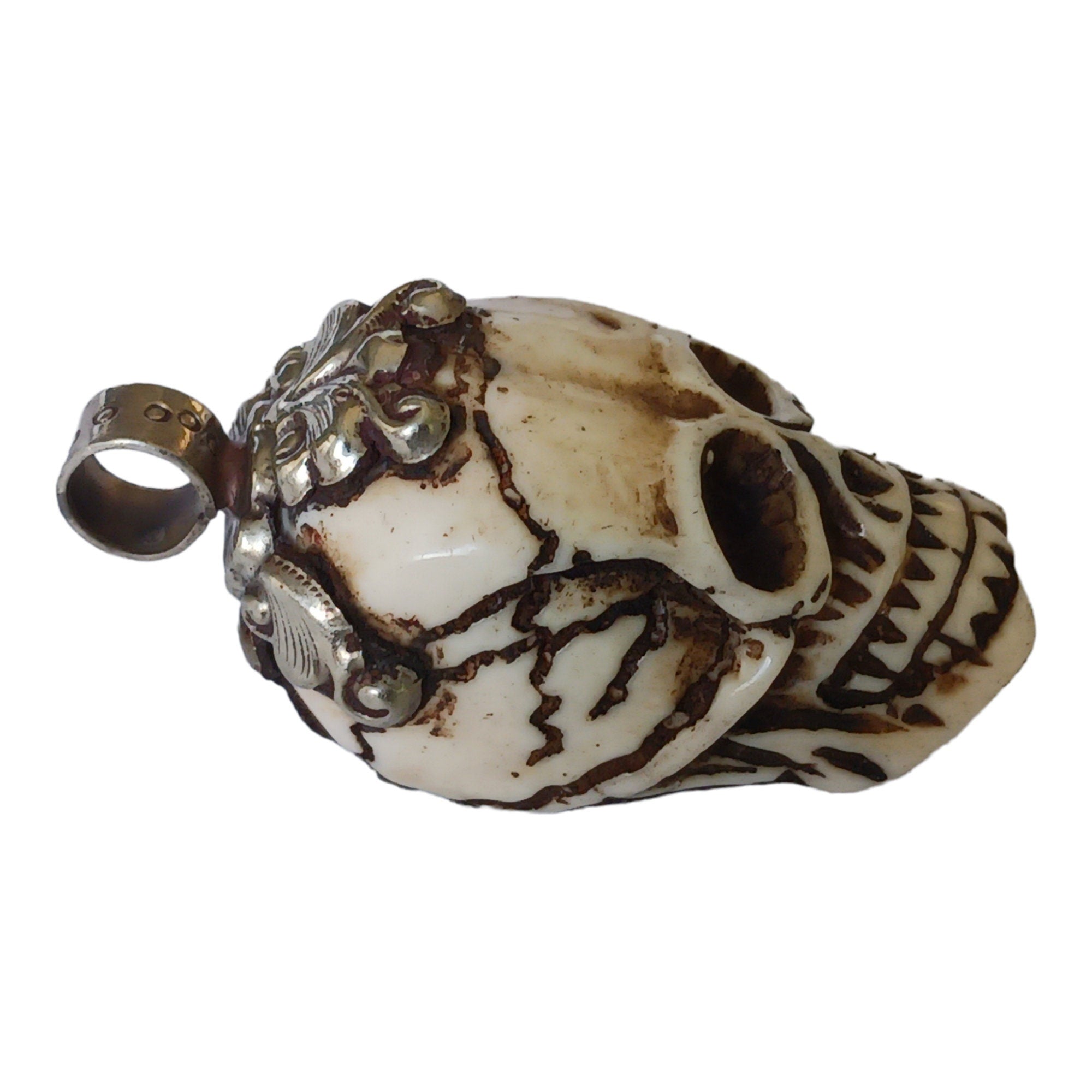 OOAK 1 Pendant - Gorgeous tribal skull skeleton head face recycled cattle bone pendant with floral carving on bail - PB006R