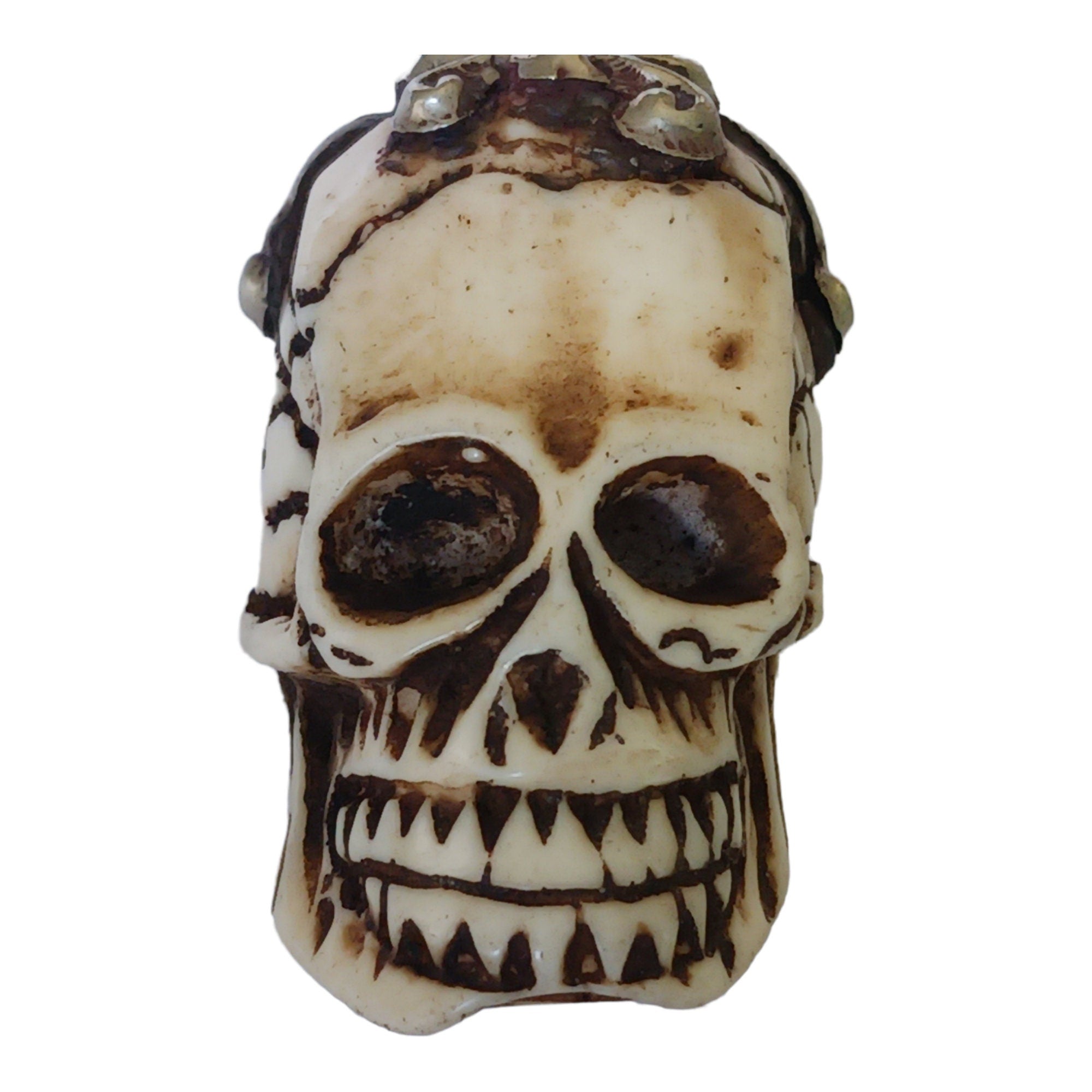 OOAK 1 Pendant - Gorgeous tribal skull skeleton head face recycled cattle bone pendant with floral carving on bail - PB006R