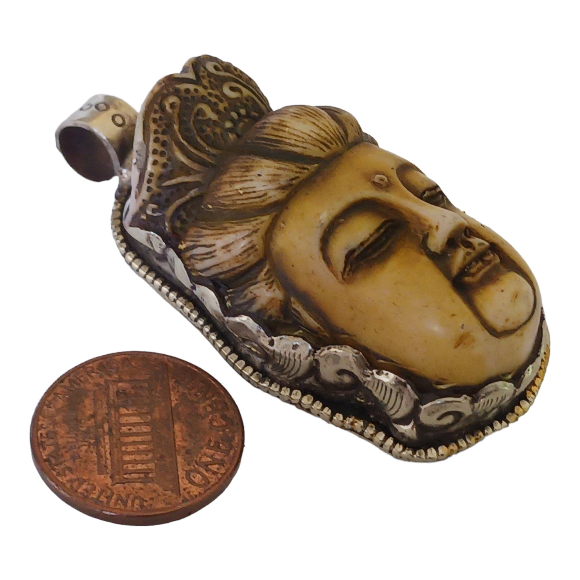1 Pendant - Large recycled cattle bone Buddha pendant with floral carving on reverse side from Nepal -PB006T