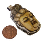 1 Pendant - Large recycled cattle bone Buddha pendant with floral carving on reverse side from Nepal -PB006T