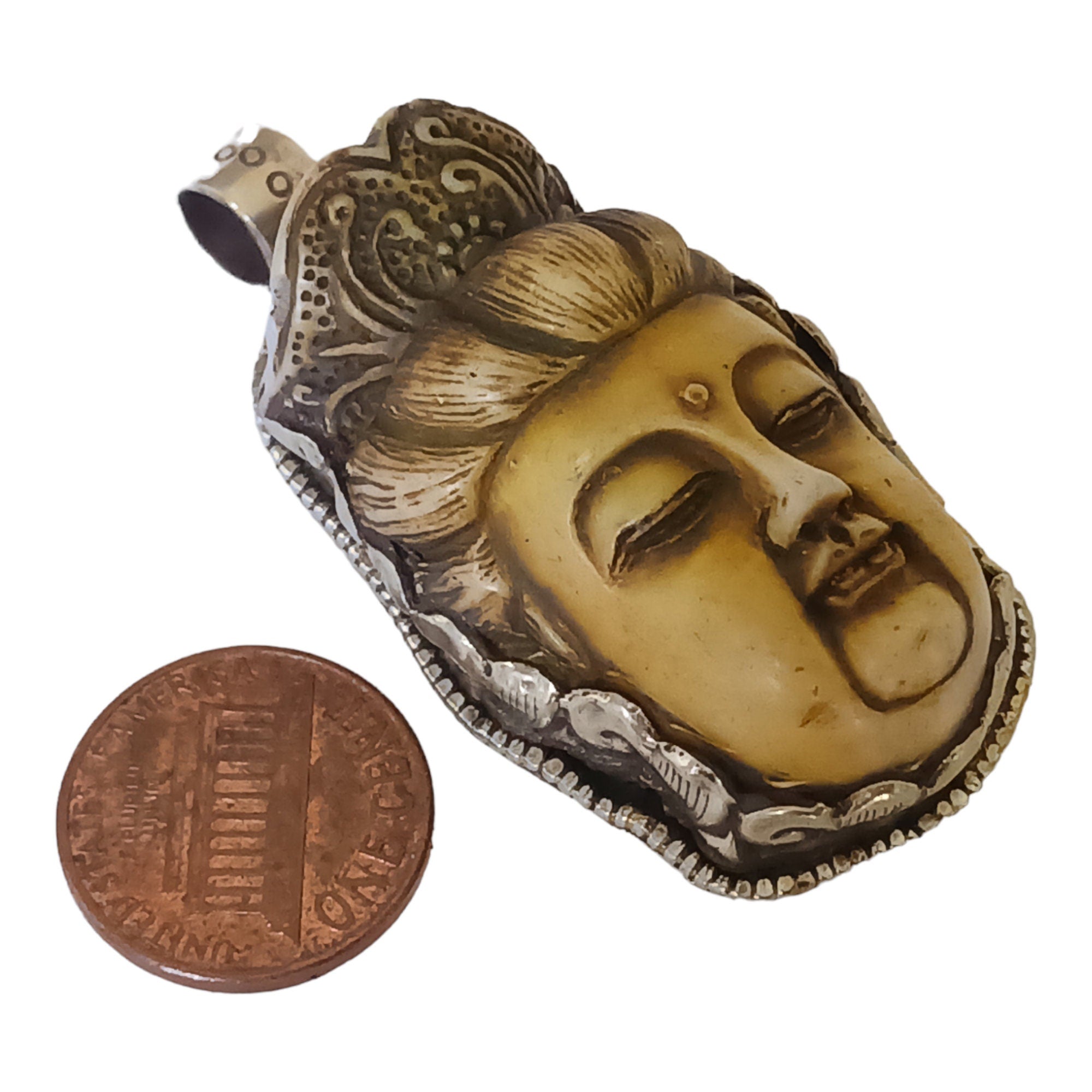 1 Pendant - Large recycled cattle bone Buddha pendant with floral carving on reverse side from Nepal -PB006T