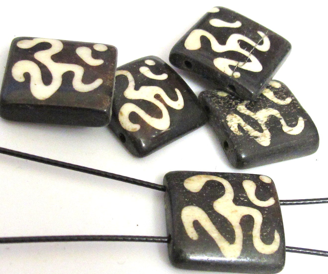 Om Etched Two-Hole Tile shape bone bead, Boho Focal Bead for Jewelry Making - recycled cattle bone connector bead– 1 Bead BD240