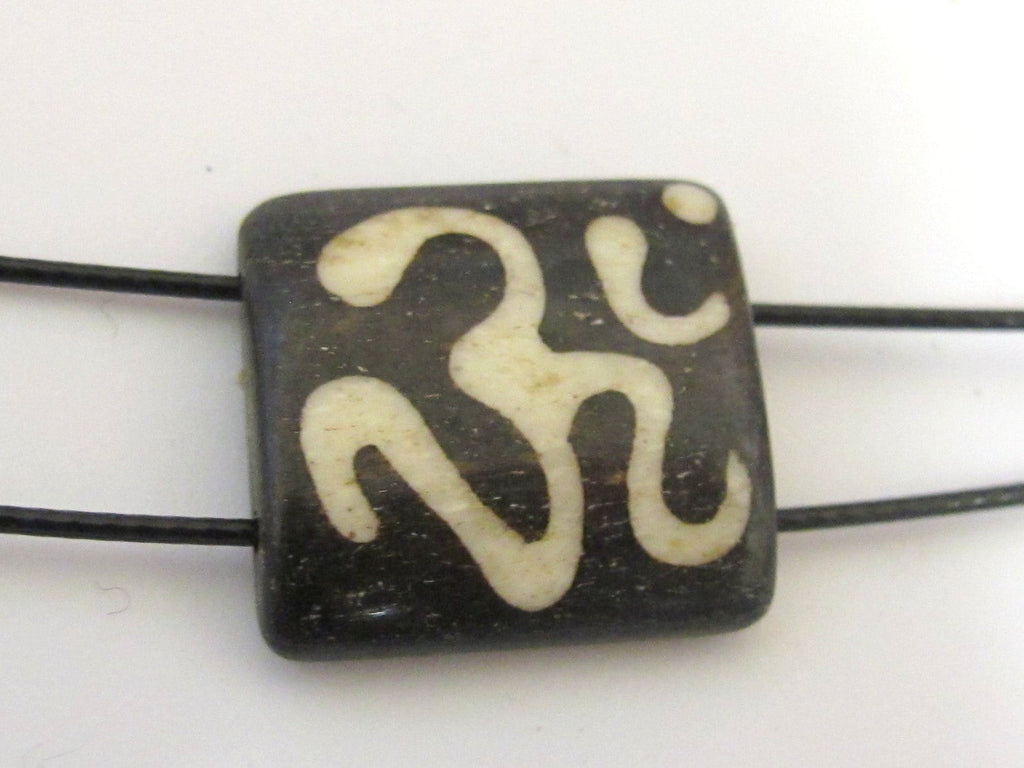 Om Etched Two-Hole Tile shape bone bead, Boho Focal Bead for Jewelry Making - recycled cattle bone connector bead– 1 Bead BD240