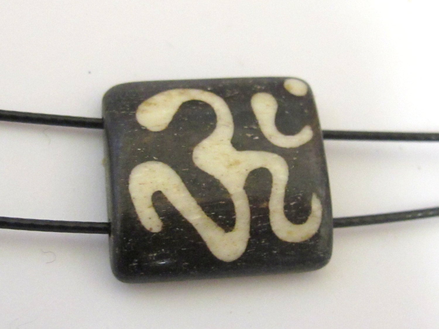 Om Etched Two-Hole Tile shape bone bead, Boho Focal Bead for Jewelry Making - recycled cattle bone connector bead– 1 Bead BD240