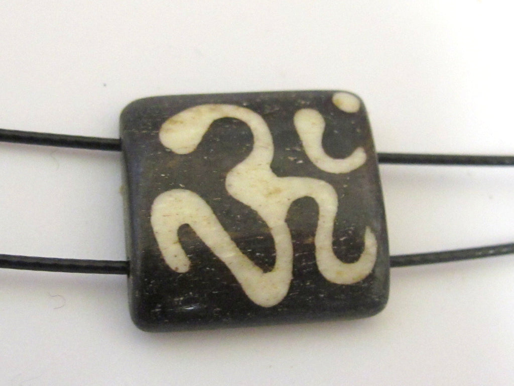 Om Etched Two-Hole Tile shape bone bead, Boho Focal Bead for Jewelry Making - recycled cattle bone connector bead– 1 Bead BD240