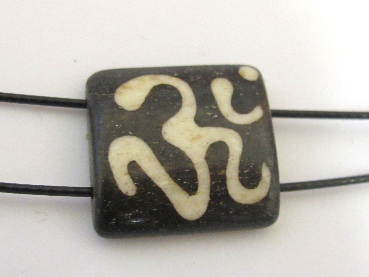 Om Etched Two-Hole Tile shape bone bead, Boho Focal Bead for Jewelry Making - recycled cattle bone connector bead– 1 Bead BD240