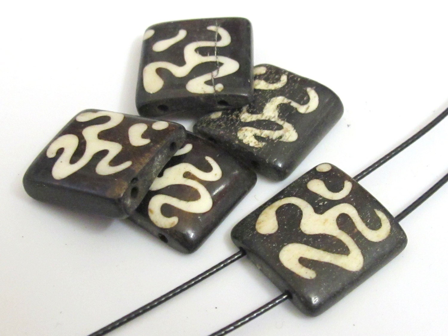 Om Etched Two-Hole Tile shape bone bead, Boho Focal Bead for Jewelry Making - recycled cattle bone connector bead– 1 Bead BD240
