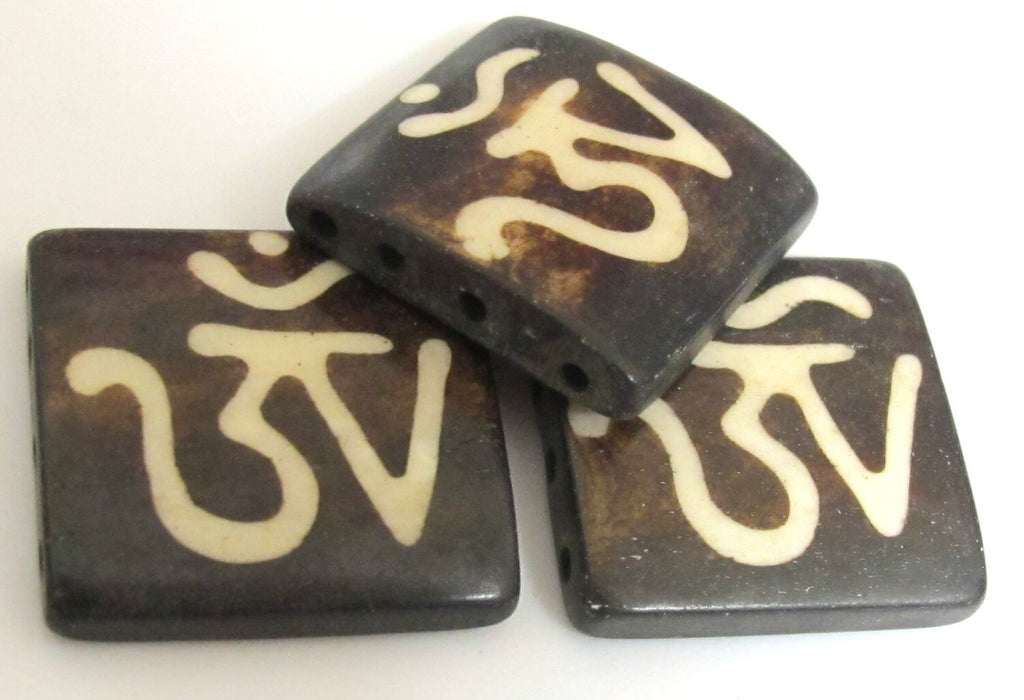 1 Bead - Large Om etched recycled cattle recycled cattle bone tile four hole connector - BD243