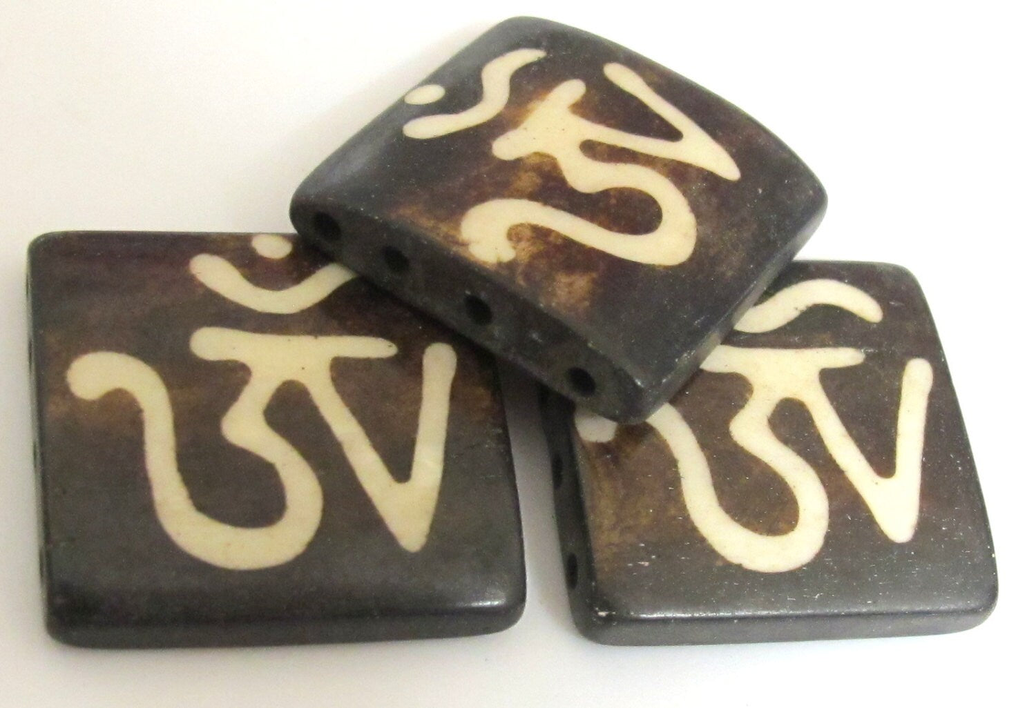 1 Bead - Large Om etched recycled cattle recycled cattle bone tile four hole connector - BD243