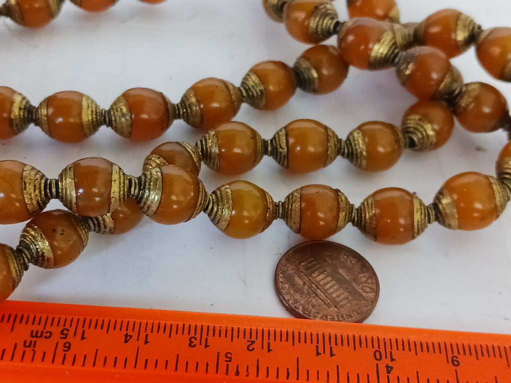 4 BEADS - Tibetan copal resin brass capped beads - BD474B