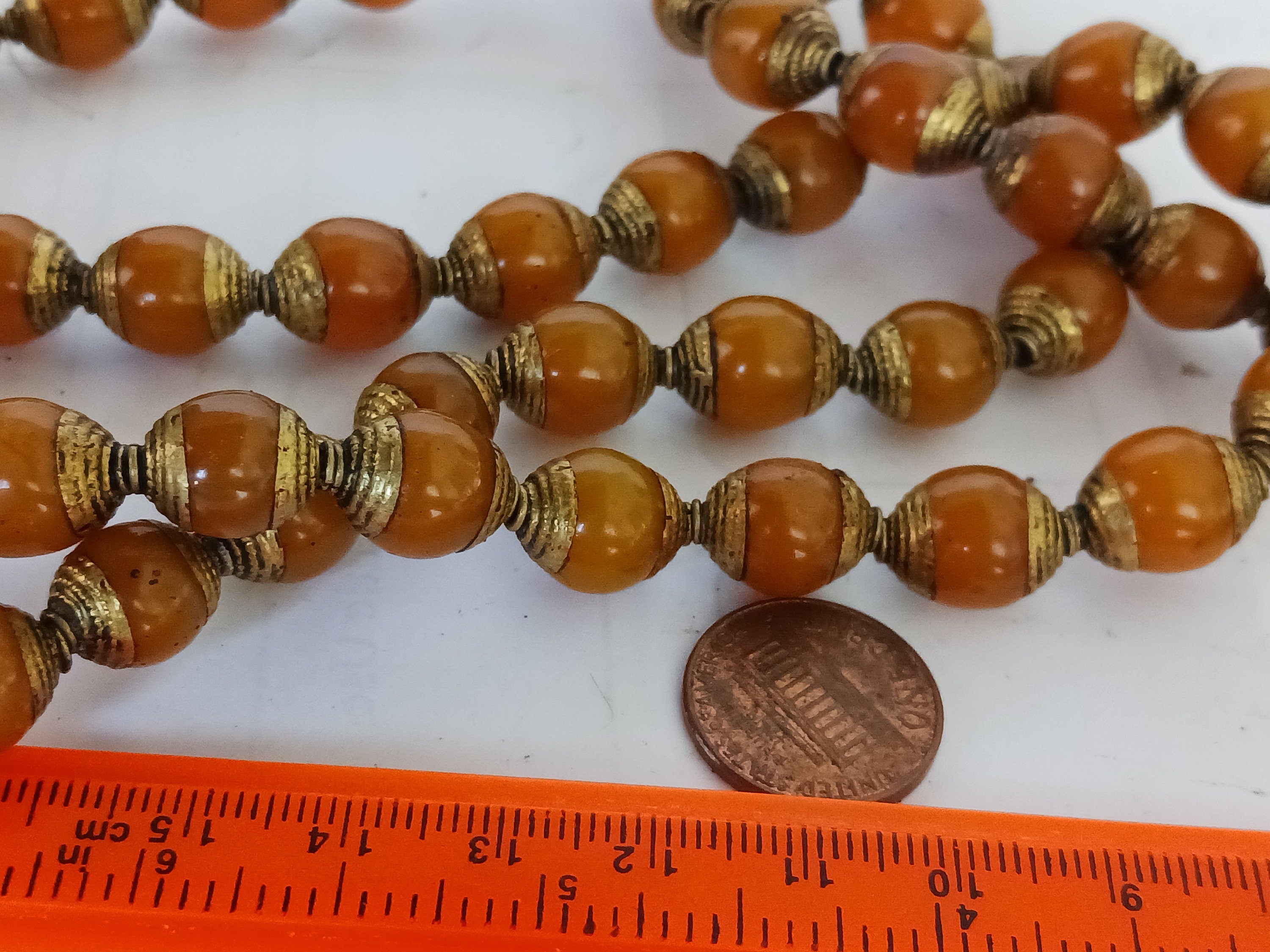4 BEADS - Tibetan copal resin brass capped beads - BD474B