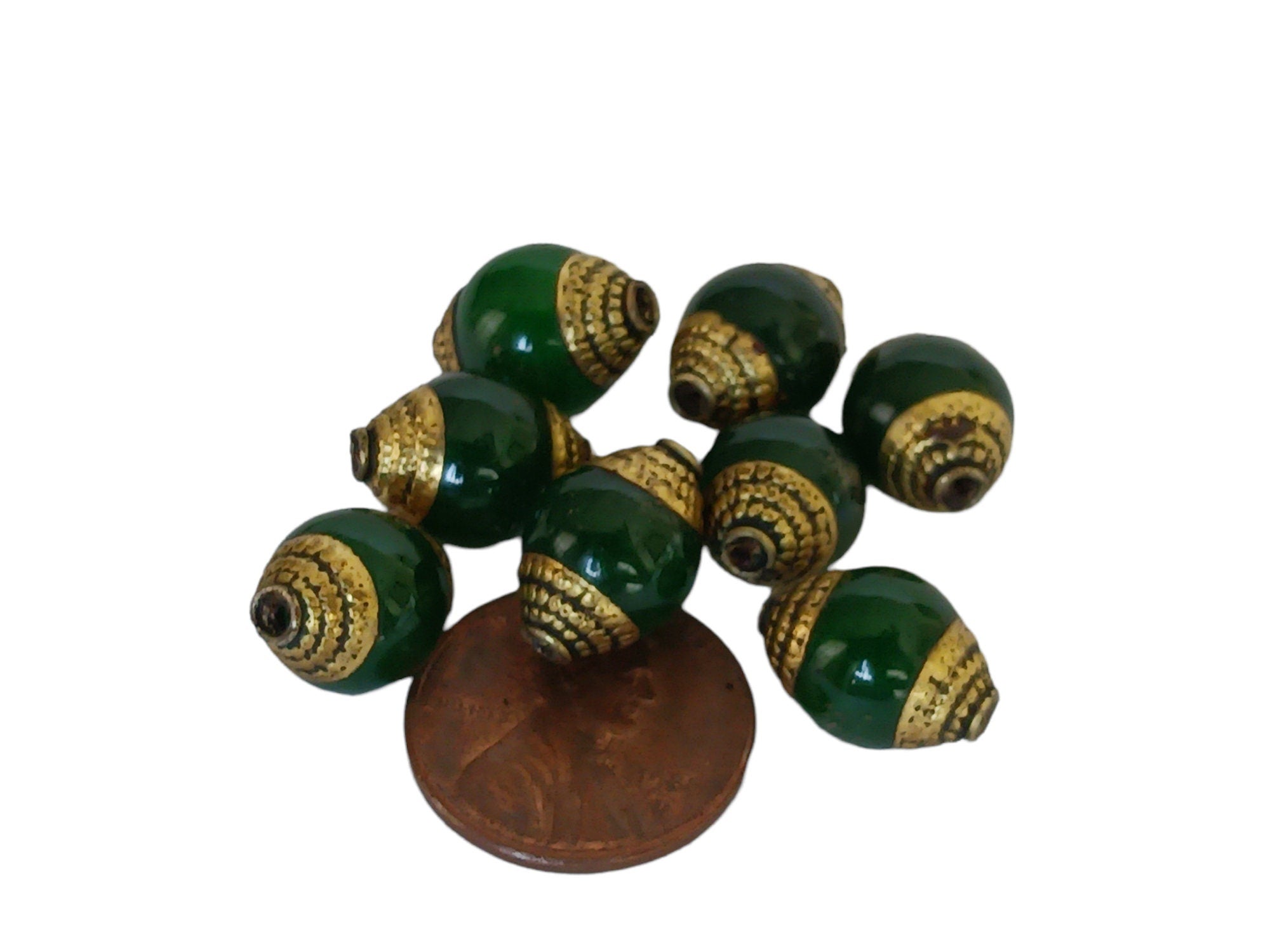 4 Beads - Tibetan Brass capped dyed green jade beads from Nepal 9 - 10 mm x 13- 14mm - BD473C